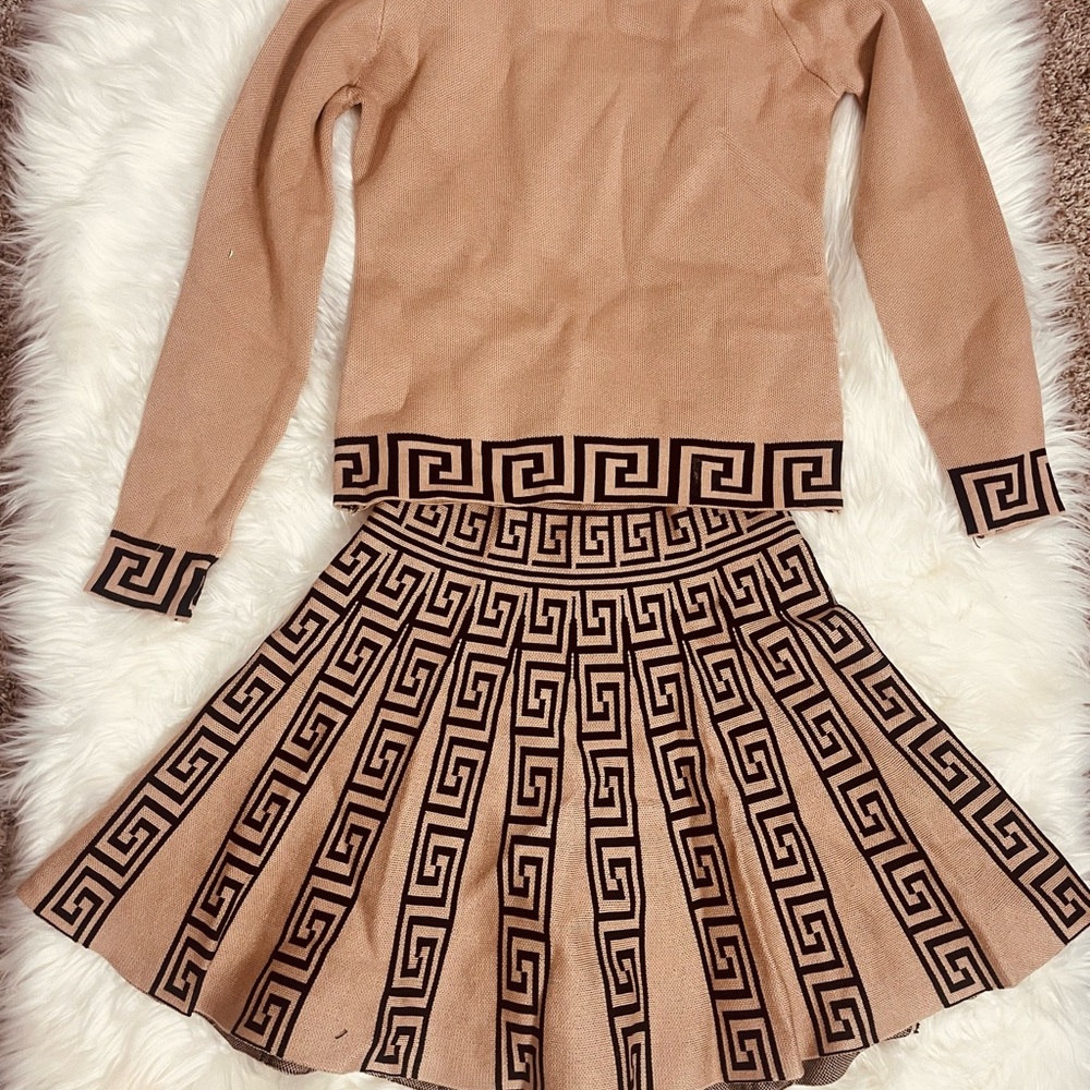 Tan and Black Geometric Sweater and Skirt Set